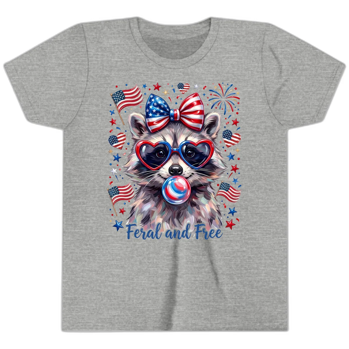 Patriotic Raccoon Feral and Free Fourth of July Youth T-Shirt in Athletic Heather