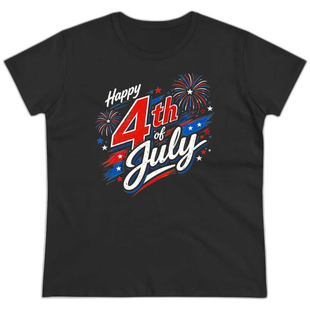 Happy 4th of July Fireworks Ladies Tee in Black