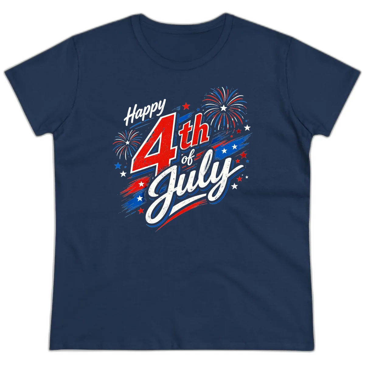 Happy 4th of July Fireworks Ladies Tee in Navy