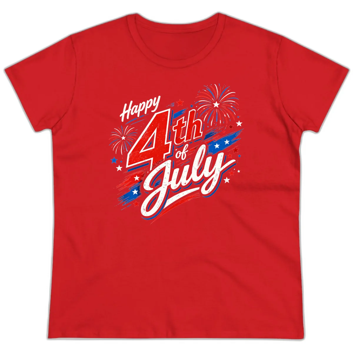 Happy 4th of July Fireworks Ladies Tee in Red