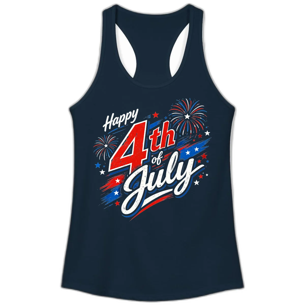 Happy 4th of July Fireworks Ladies Tank in Solid Midnight Navy