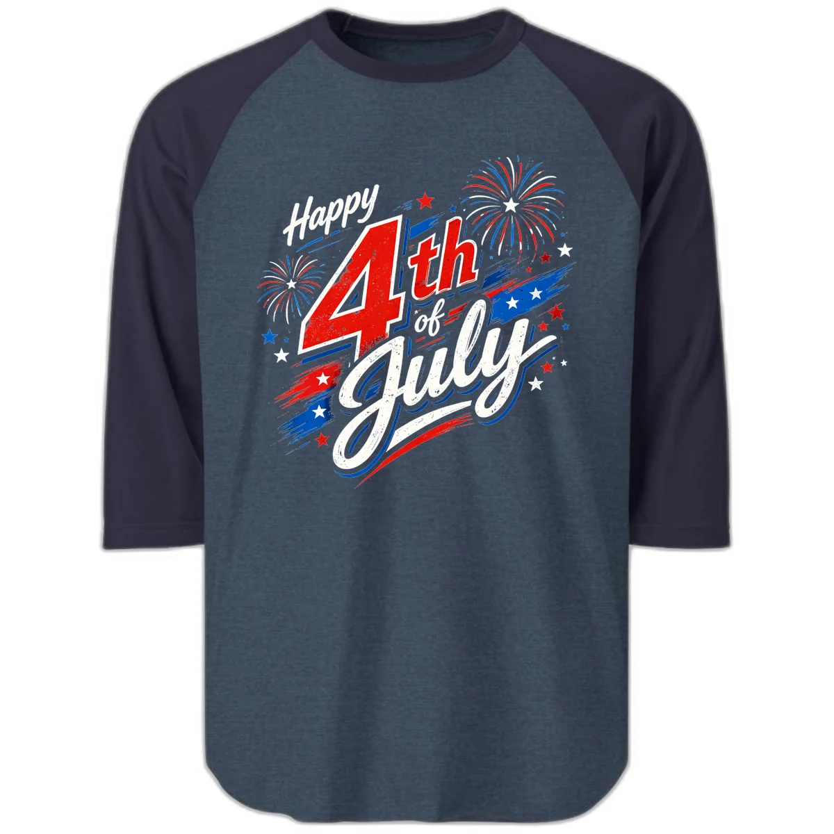 Happy 4th of July Fireworks Raglan 3/4 in Heather Denim Navy