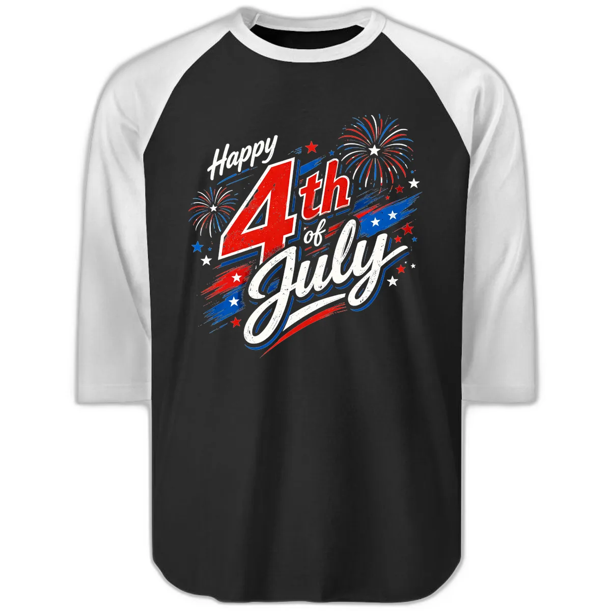 Happy 4th of July Fireworks Celebration Design Raglan 3/4 in Black White
