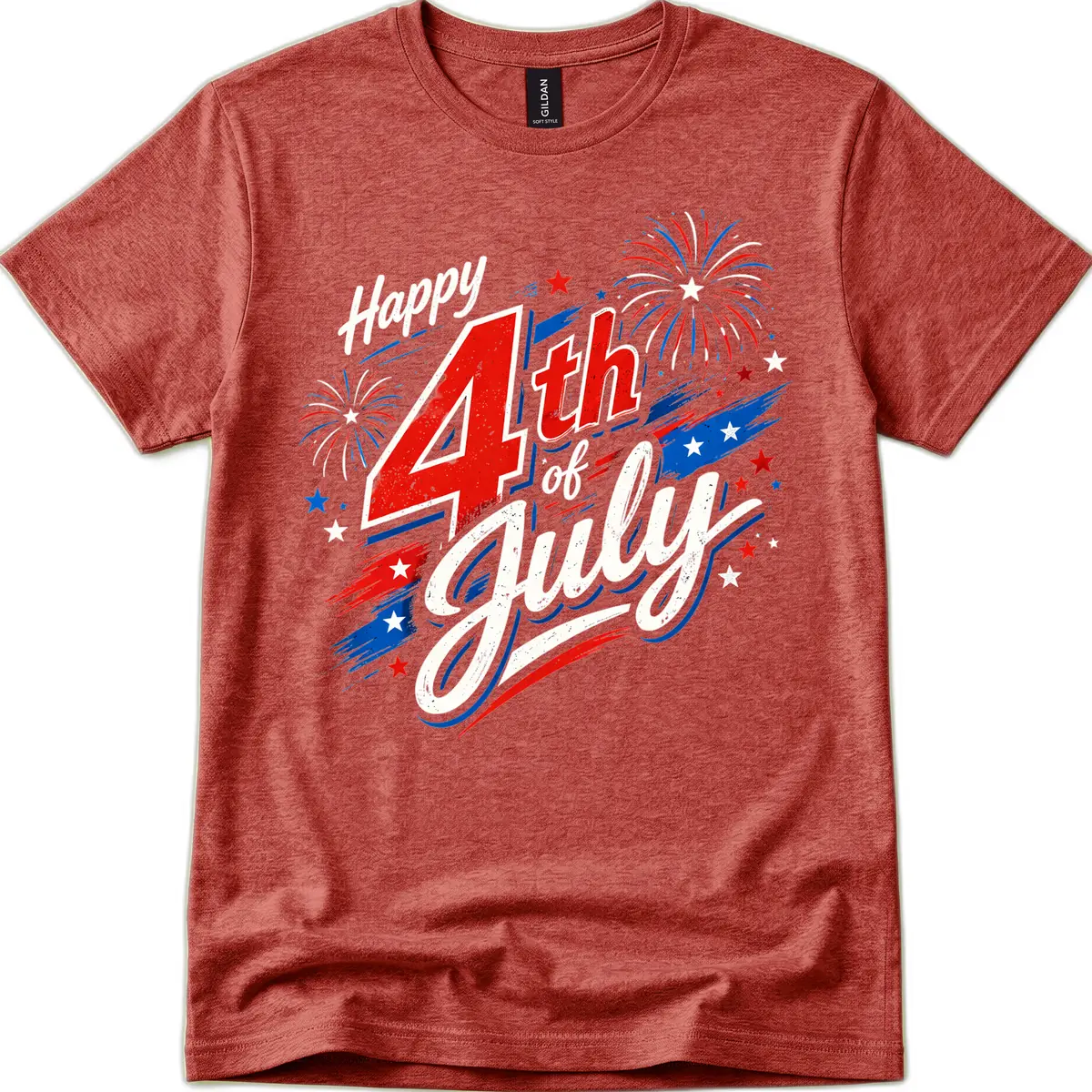 Happy 4th of July Fireworks Celebration Design T-Shirt in Heather Cardinal