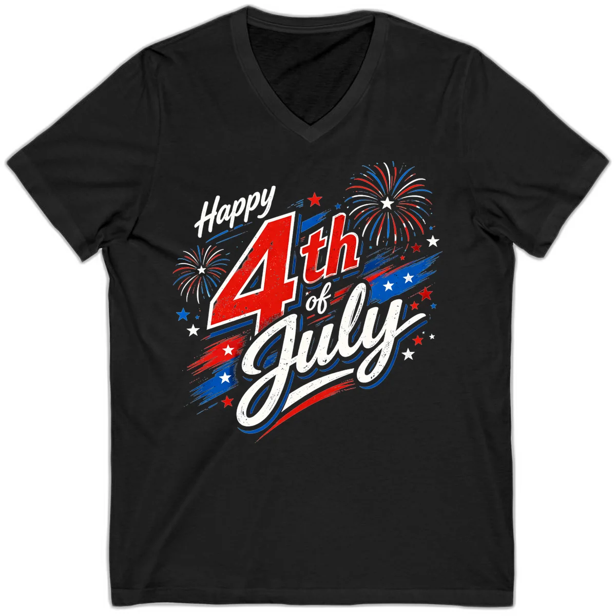 Happy 4th of July Fireworks V-Neck in Black