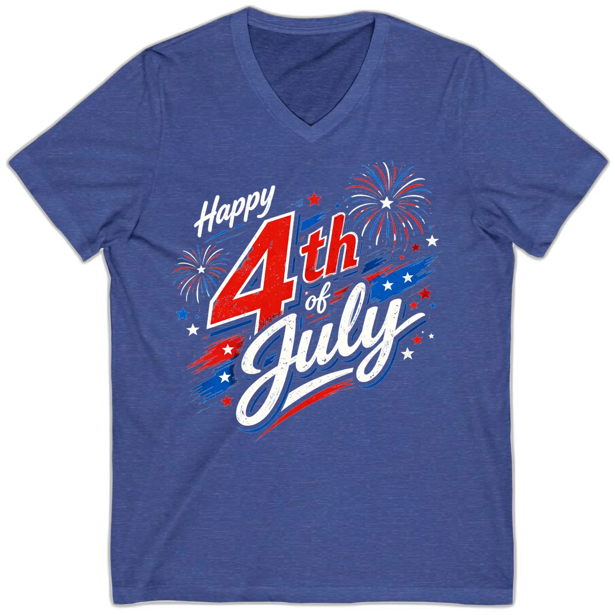 Happy 4th of July Fireworks V-Neck in Heather True Royal