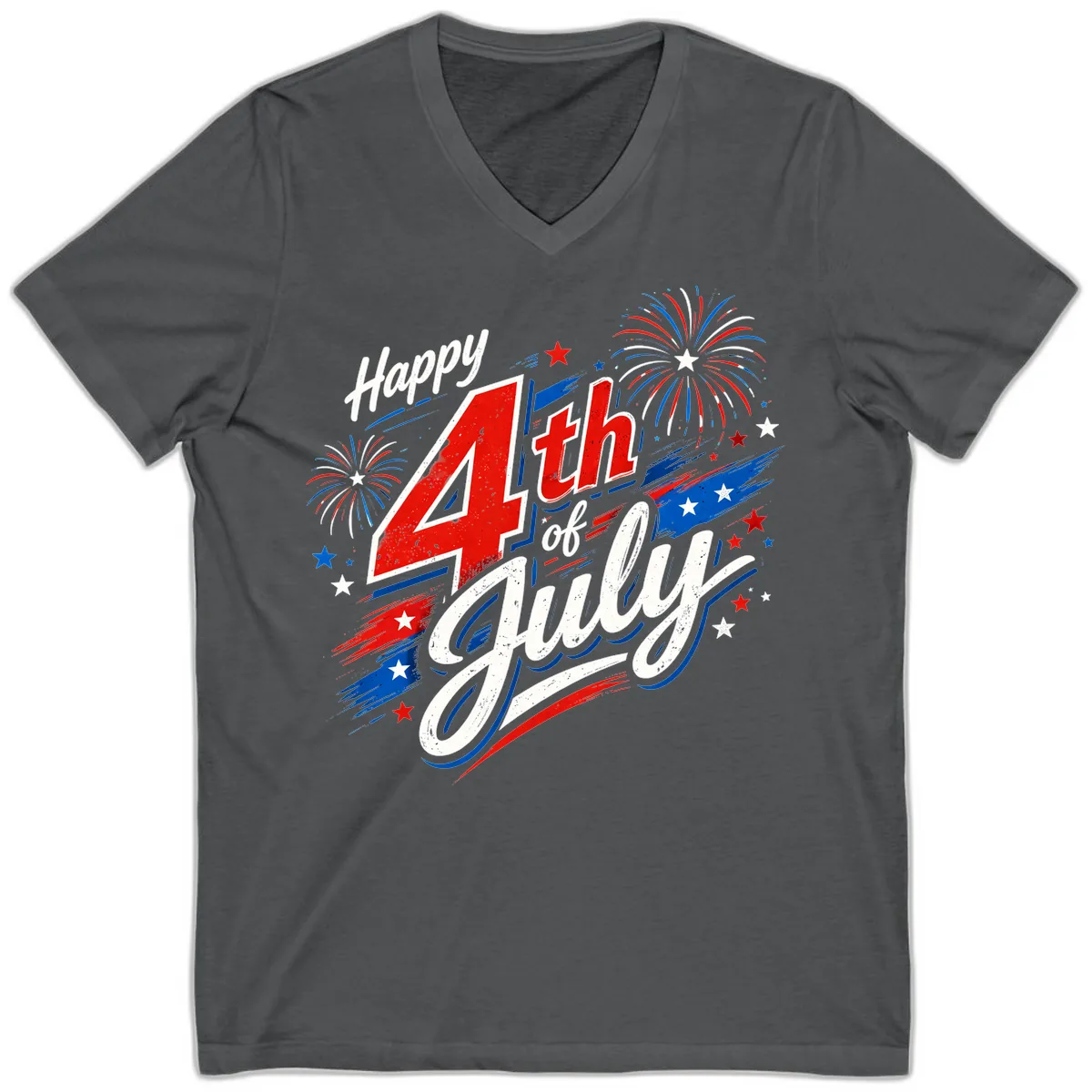 Happy 4th of July Fireworks Celebration Design V-Neck in Asphalt