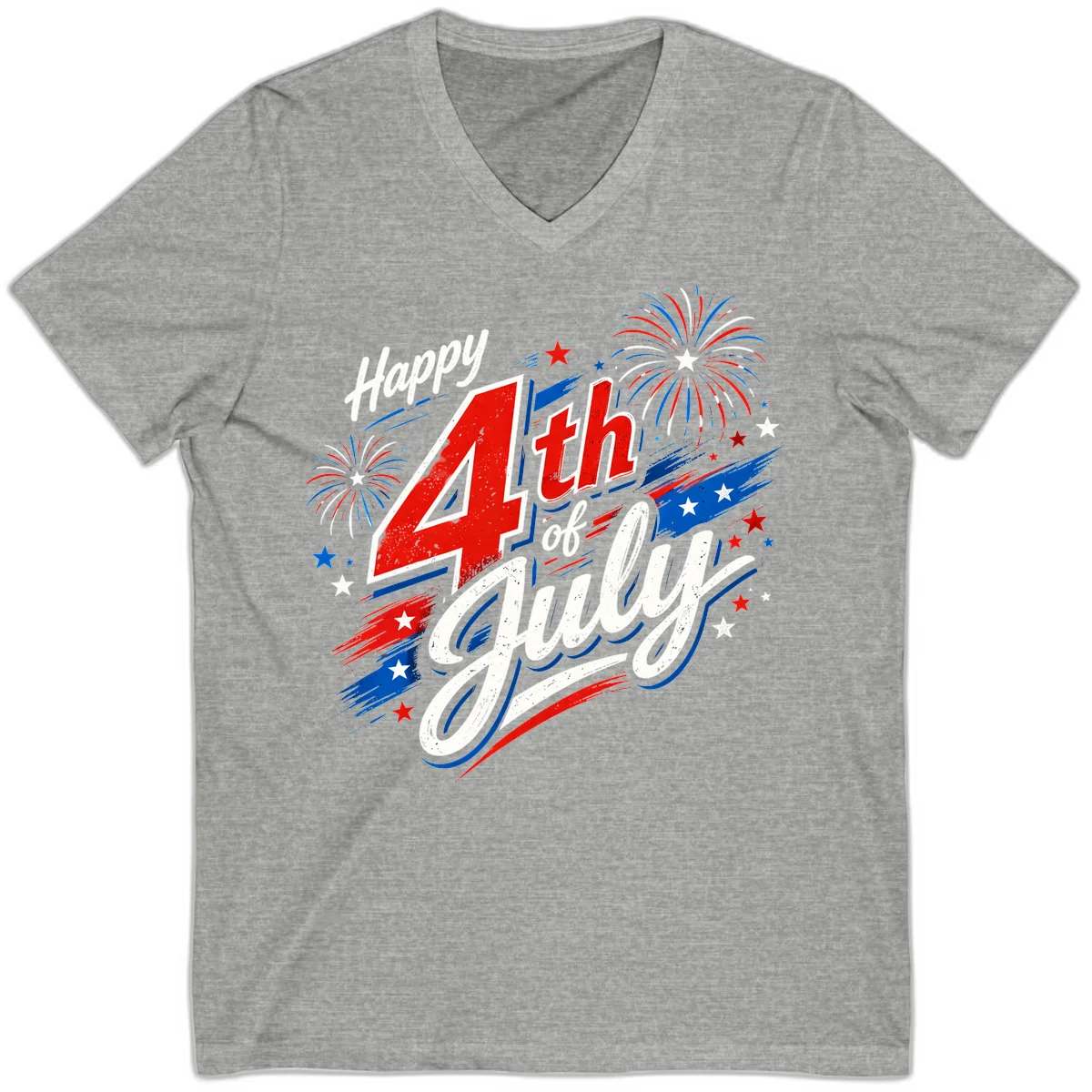 Happy 4th of July Fireworks V-Neck in Athletic Heather