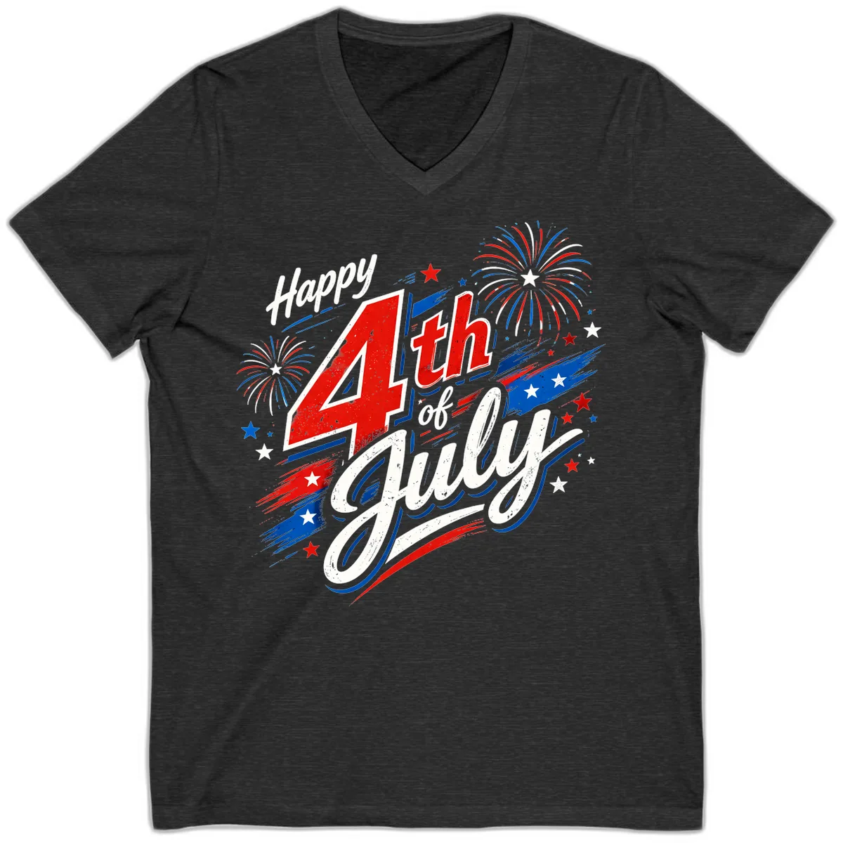 Happy 4th of July Fireworks Celebration Design V-Neck in Dark Grey Heather