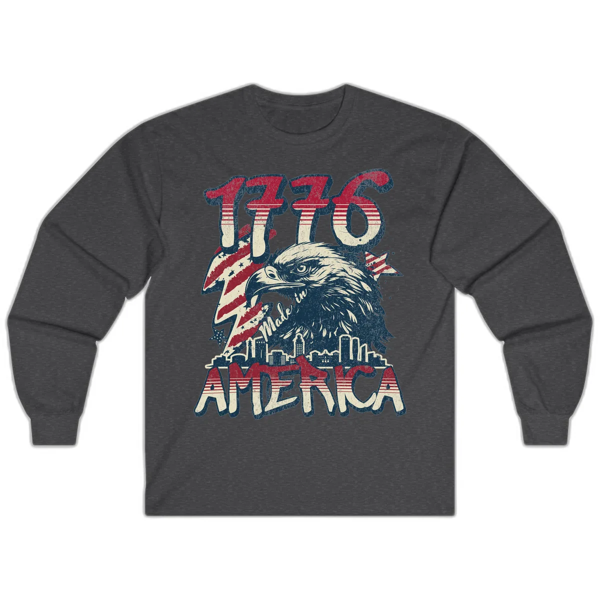 1776 Made in America Patriotic Eagle Heritage Design Long Sleeve in Dark Heather