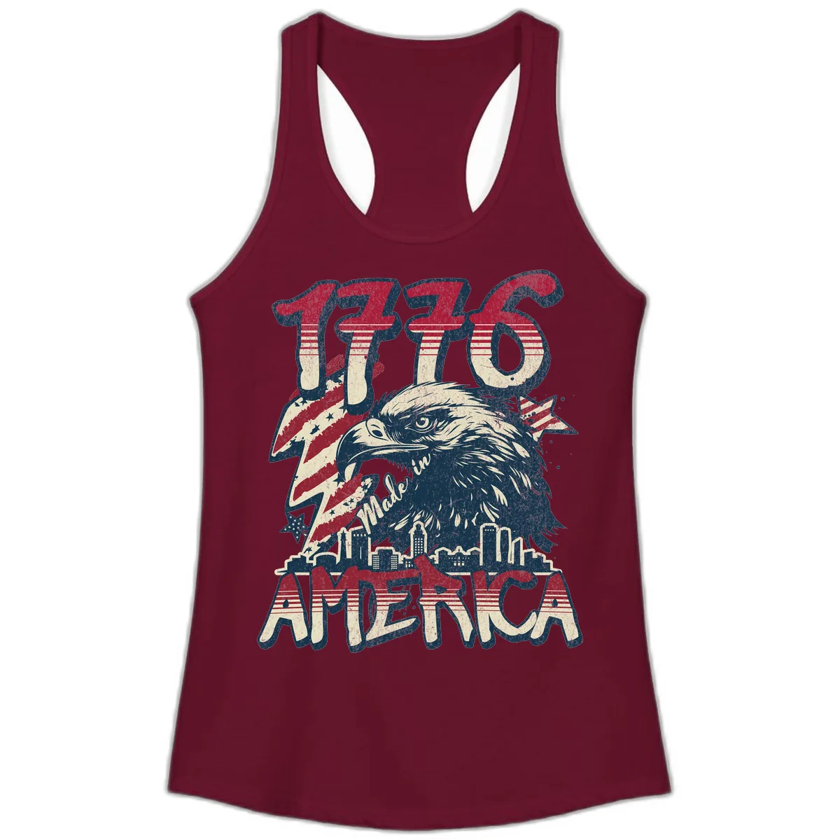 1776 Made in America Patriotic Eagle Heritage Design Ladies Tank in Solid Cardinal Red
