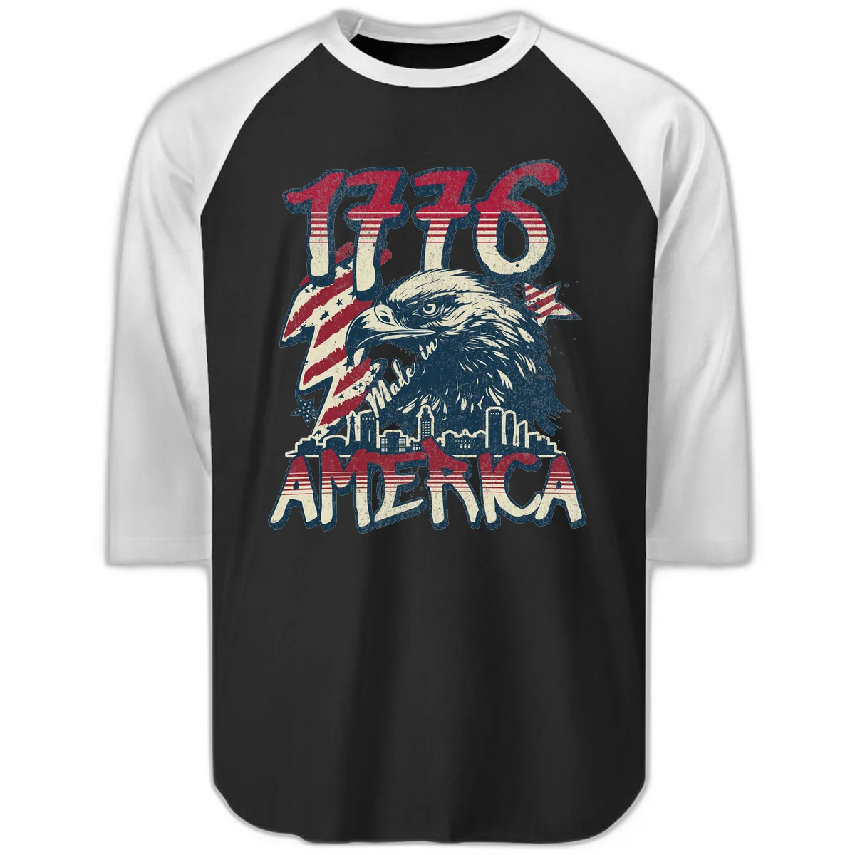 1776 Made in America Patriotic Eagle Heritage Design Raglan 3/4 in Black White