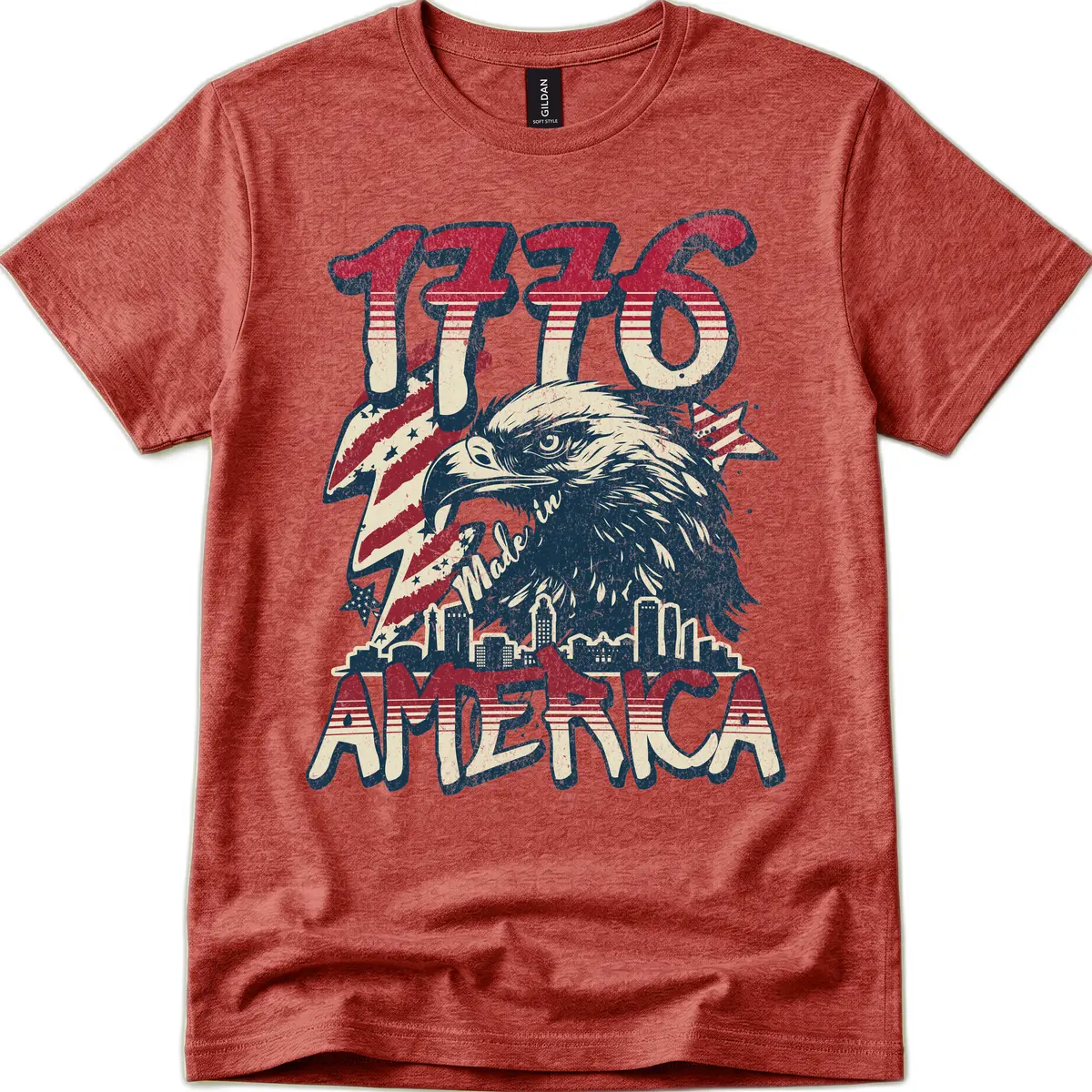 1776 Made in America Patriotic Eagle Heritage Design T-Shirt in Heather Cardinal