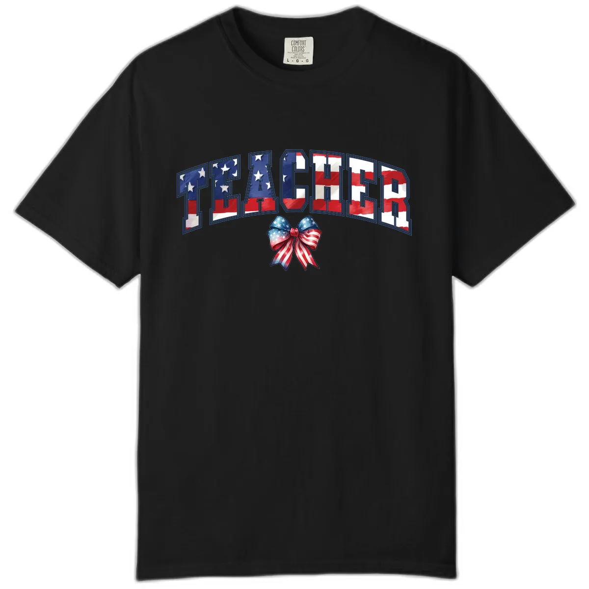 Patriotic Teacher American Flag Bow Design Comfort Color in Black