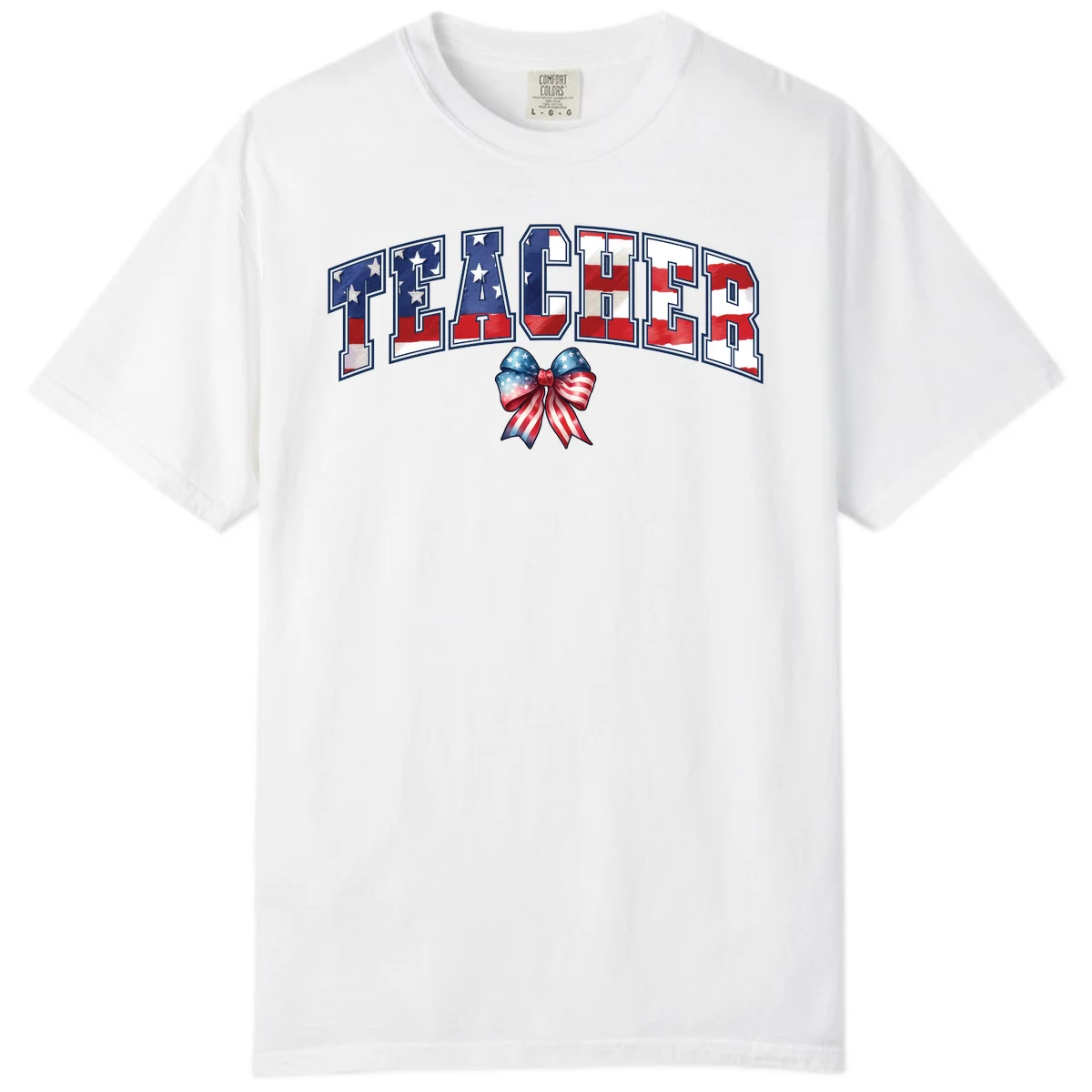 Patriotic Teacher American Flag Bow Comfort Color in White