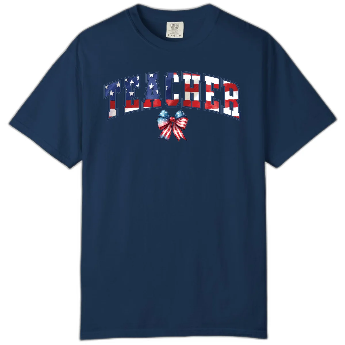 Patriotic Teacher American Flag Bow Comfort Color in Navy