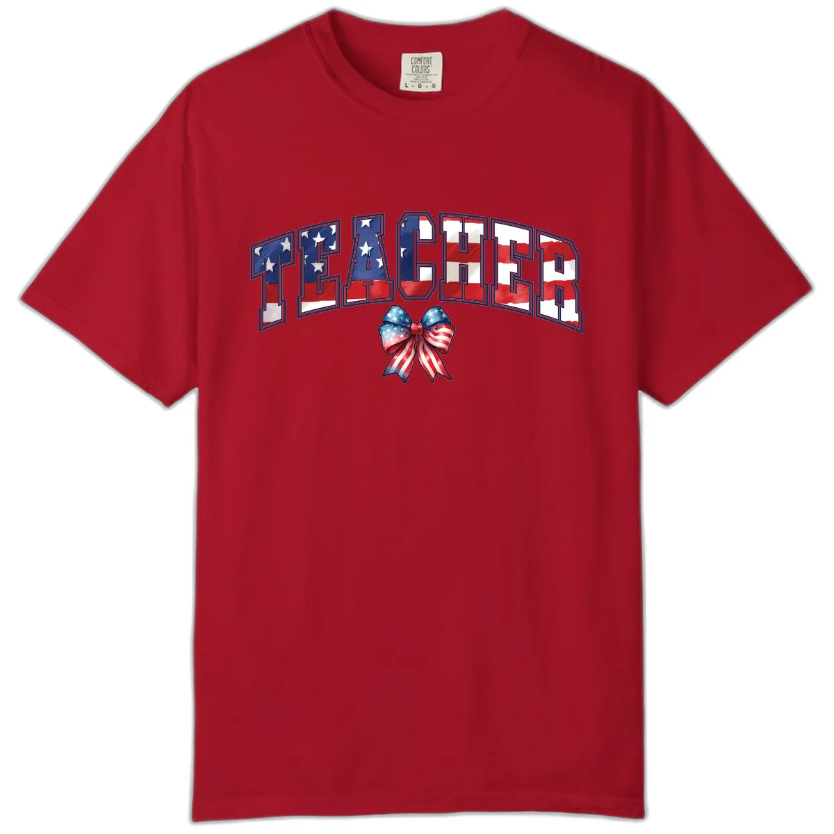 Patriotic Teacher American Flag Bow Design Comfort Color in Red