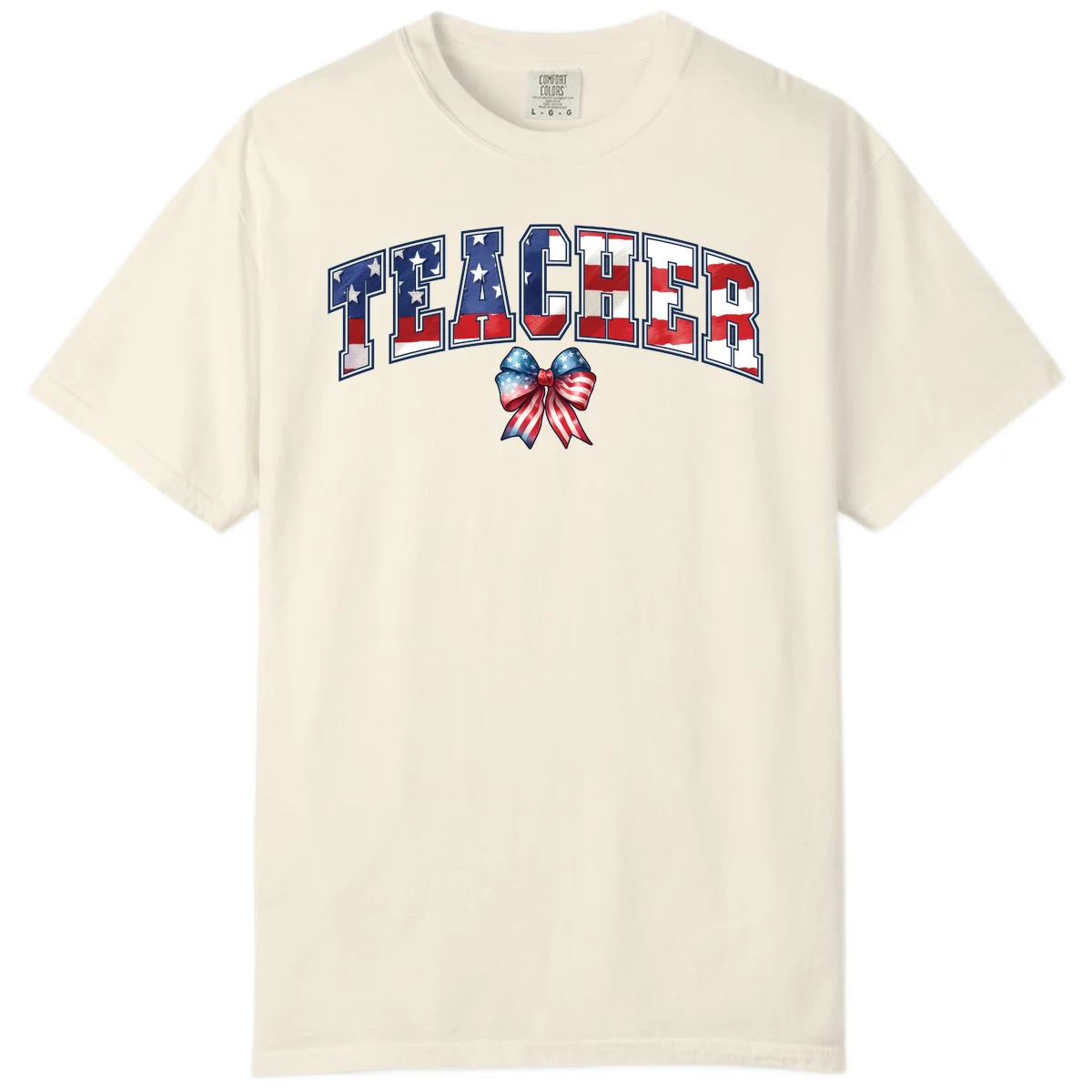 Patriotic Teacher American Flag Bow Comfort Color in Ivory