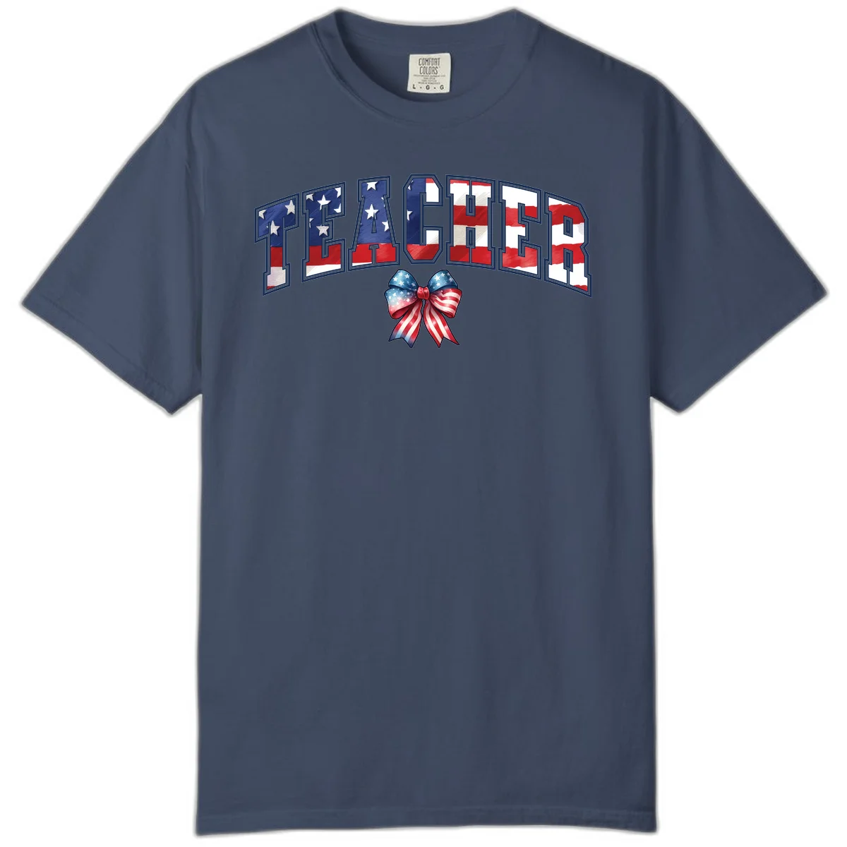 Patriotic Teacher American Flag Bow Comfort Color in Midnight