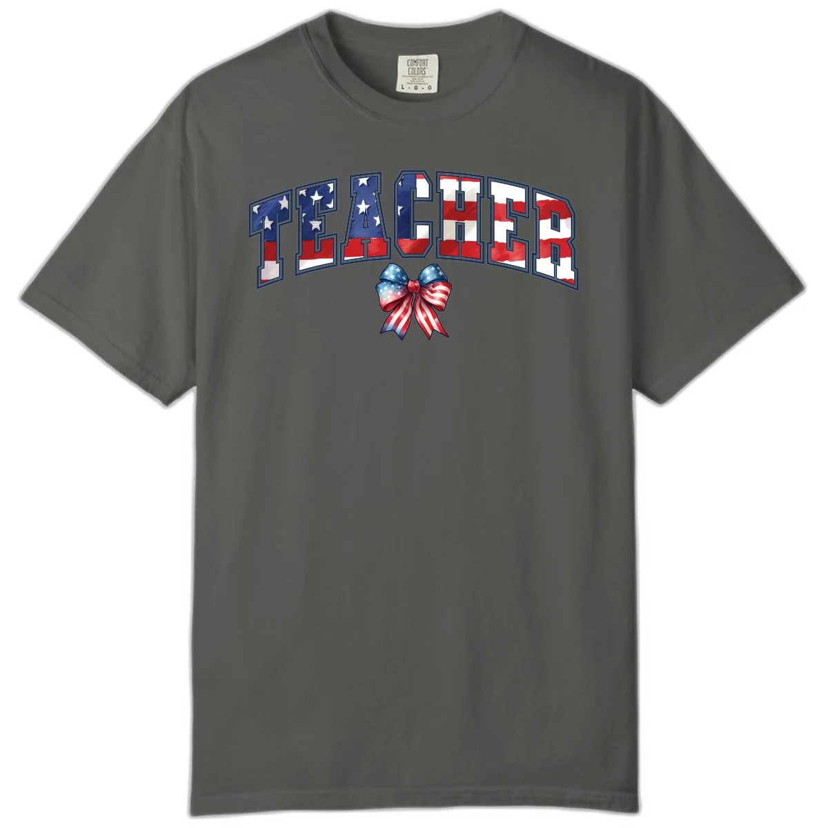 Patriotic Teacher American Flag Bow Comfort Color in Pepper