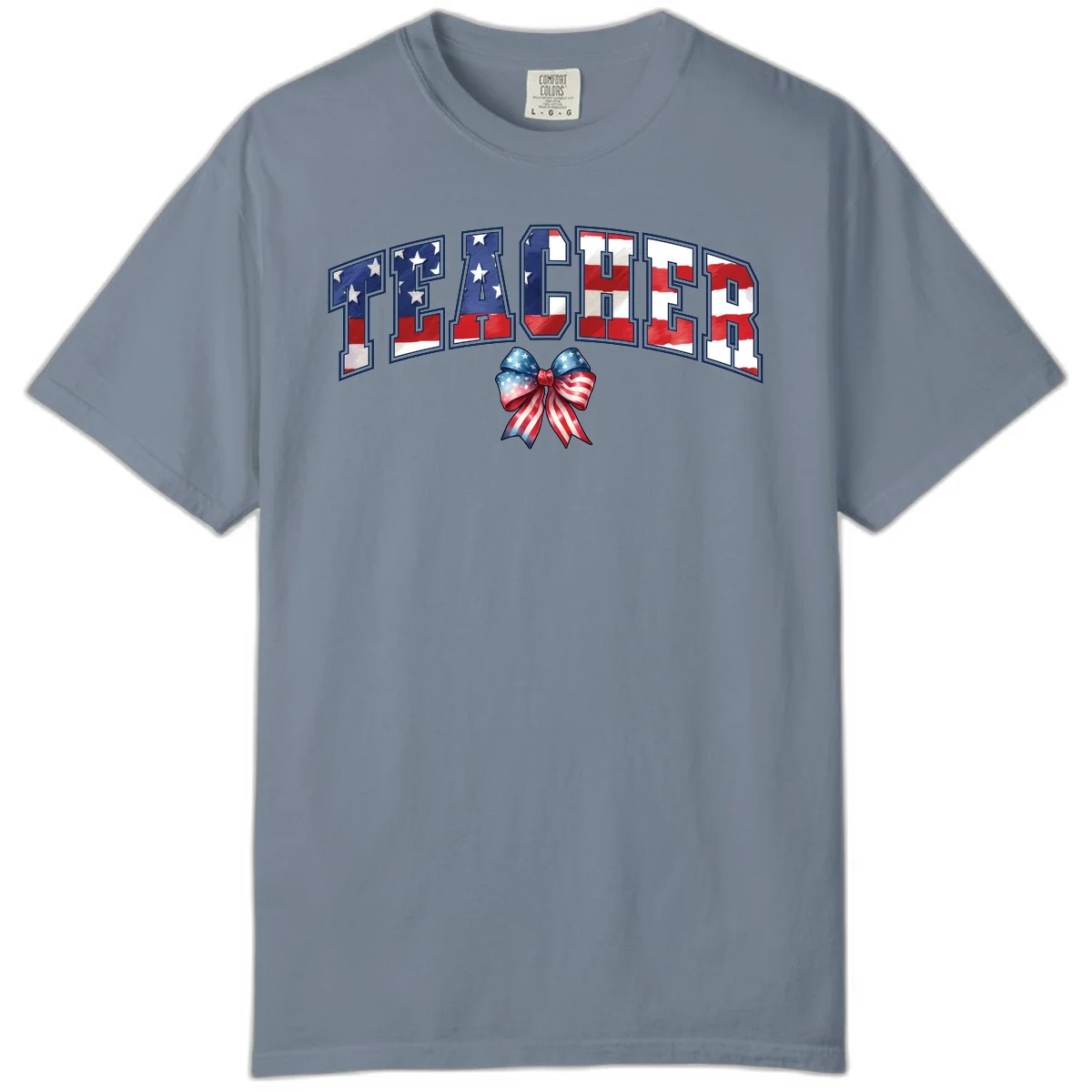 Patriotic Teacher American Flag Bow Comfort Color in Blue Jean