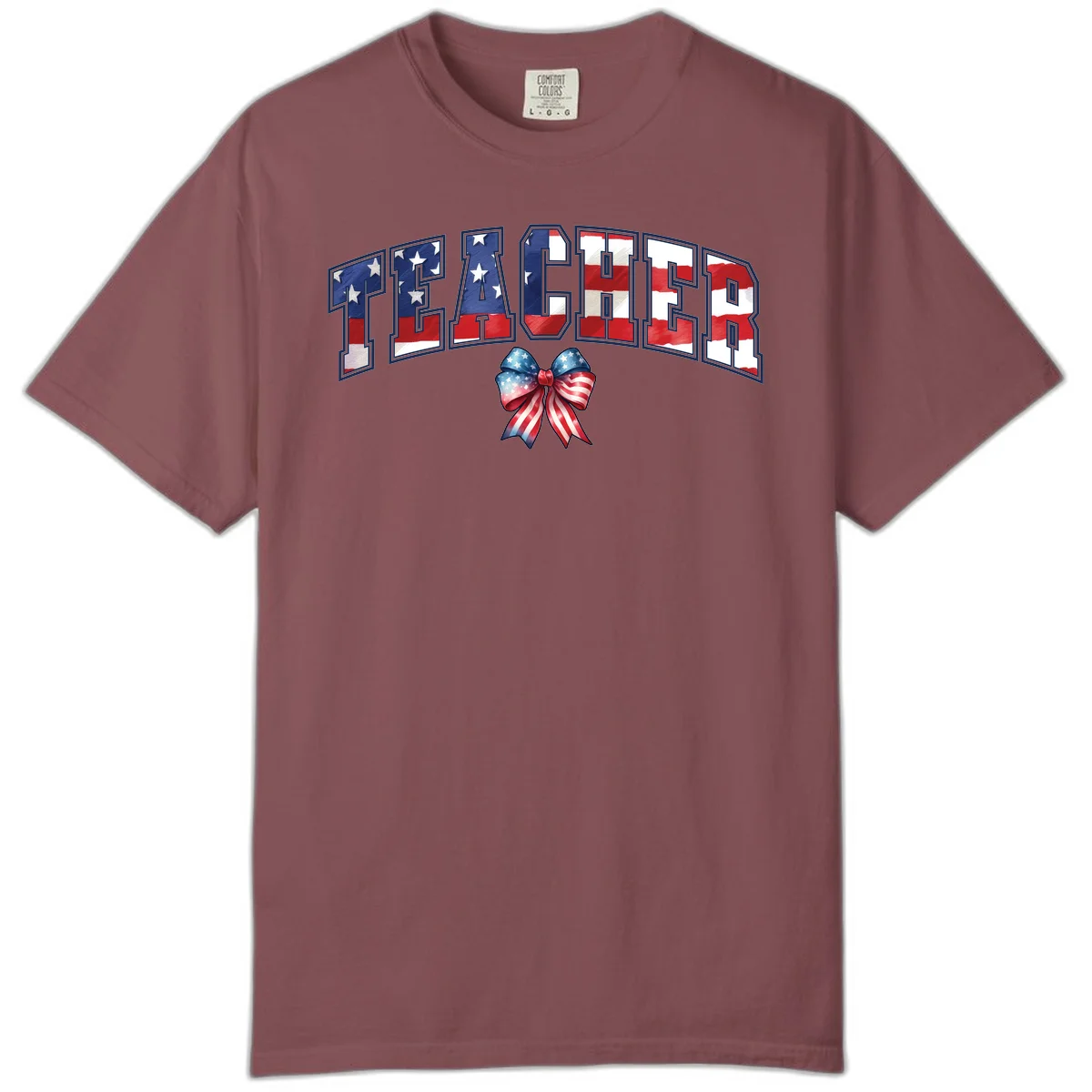 Patriotic Teacher American Flag Bow Comfort Color in Brick