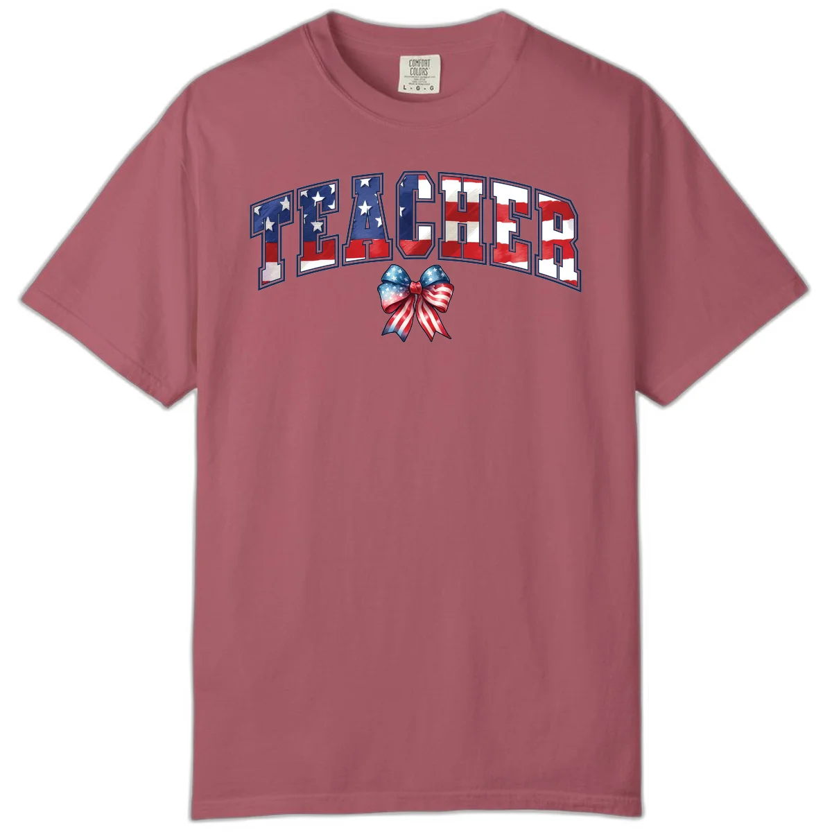 Patriotic Teacher American Flag Bow Comfort Color in Crimson