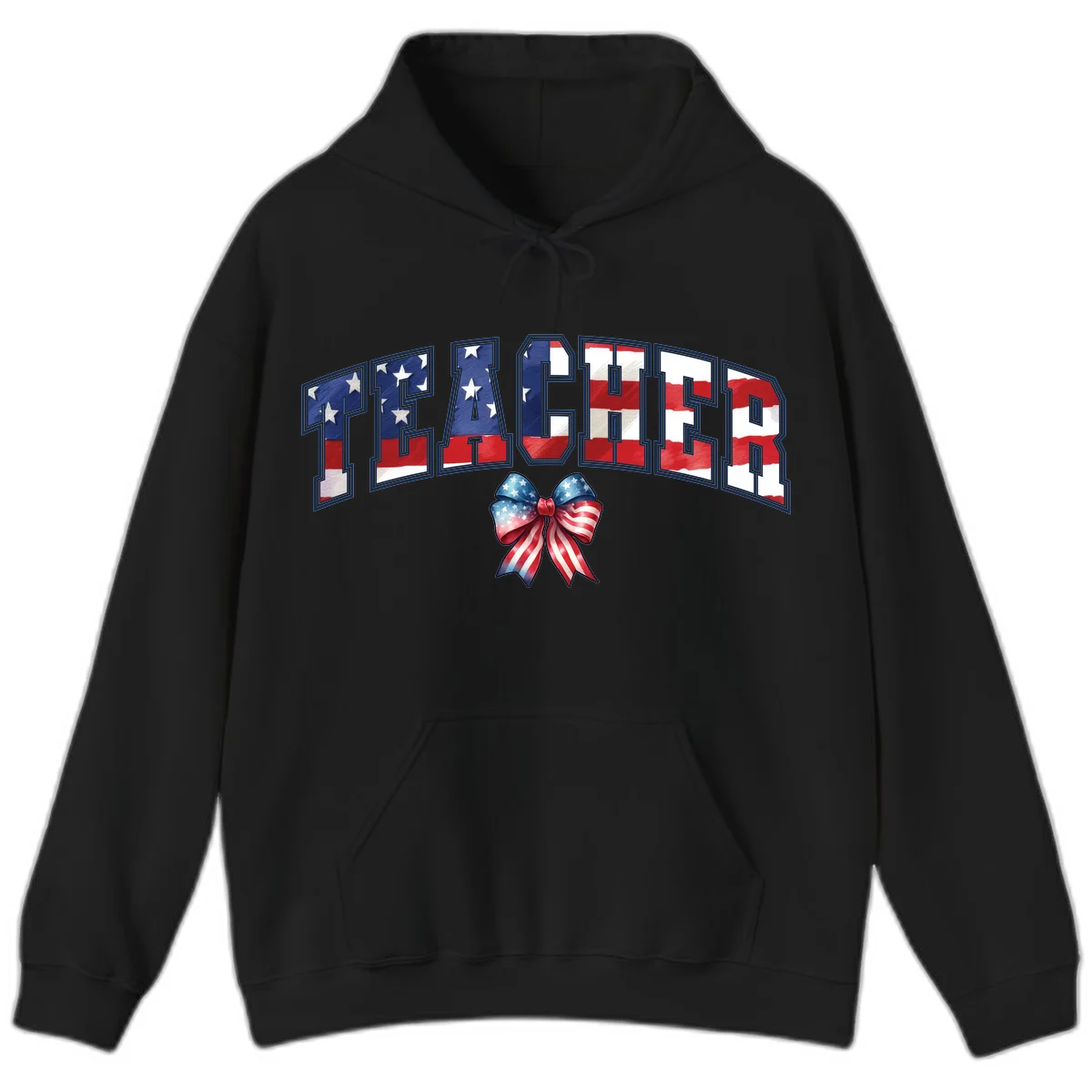 Patriotic Teacher American Flag Bow Hoodie in Black