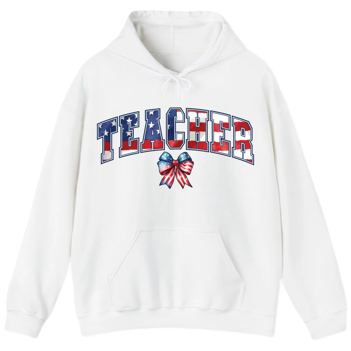 Patriotic Teacher American Flag Bow Hoodie in White