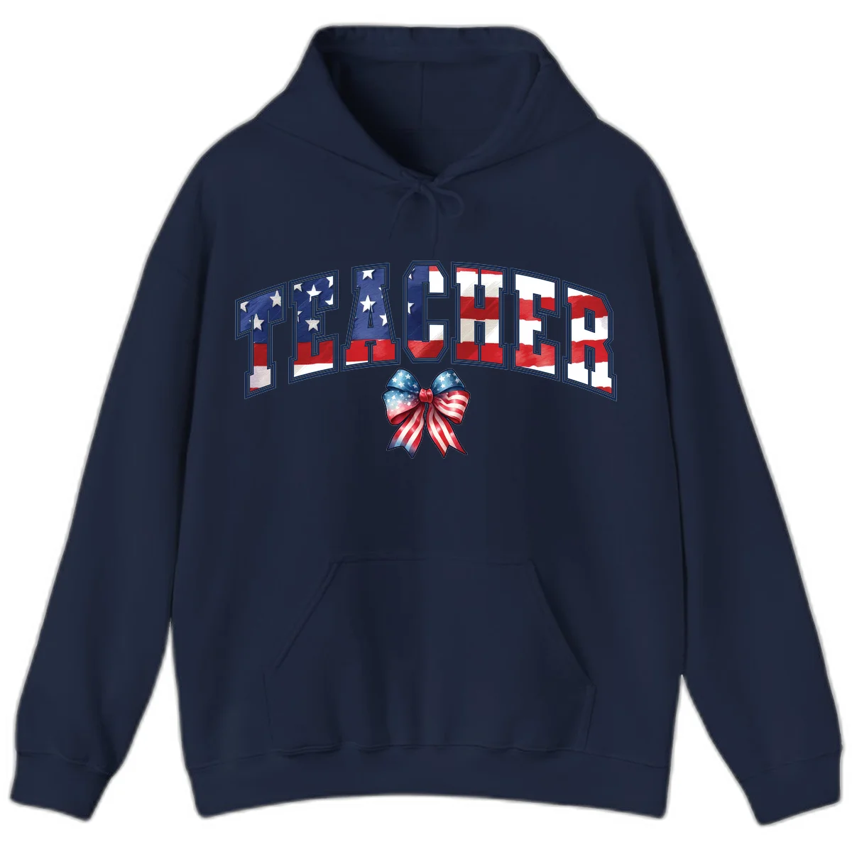 Patriotic Teacher American Flag Bow Hoodie in Navy