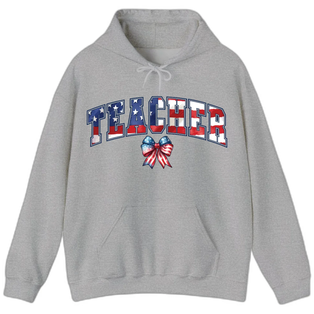Patriotic Teacher American Flag Bow Hoodie in Sport Grey
