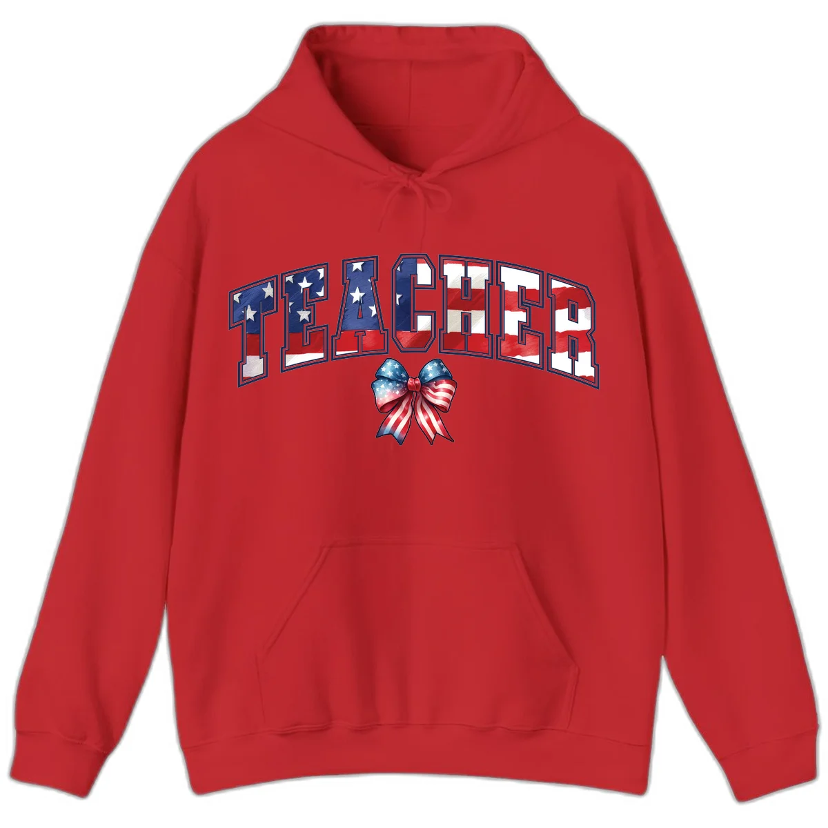 Patriotic Teacher American Flag Bow Hoodie in Red