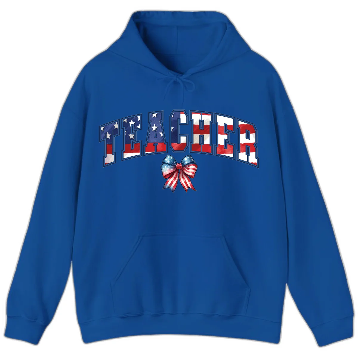 Patriotic Teacher American Flag Bow Hoodie in Royal