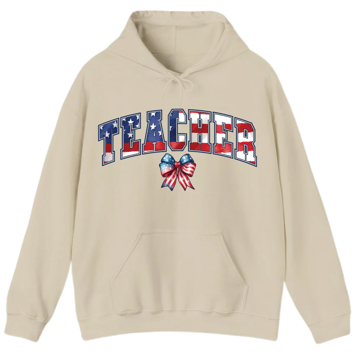 Patriotic Teacher American Flag Bow Hoodie in Sand
