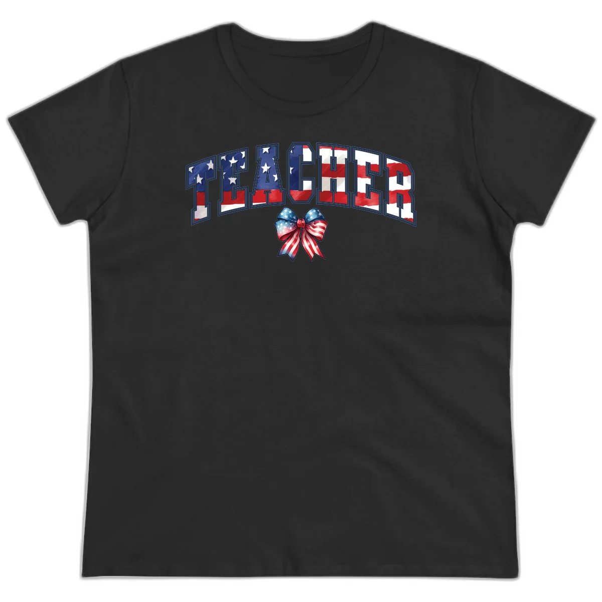 Patriotic Teacher American Flag Bow Ladies Tee in Black