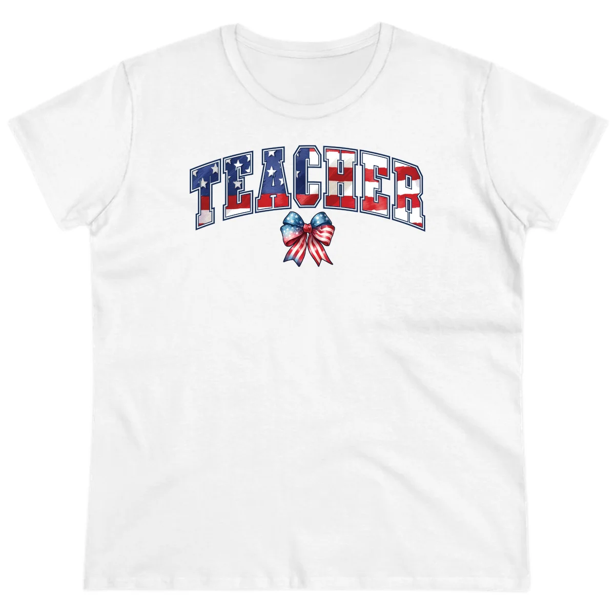 Patriotic Teacher American Flag Bow Ladies Tee in White