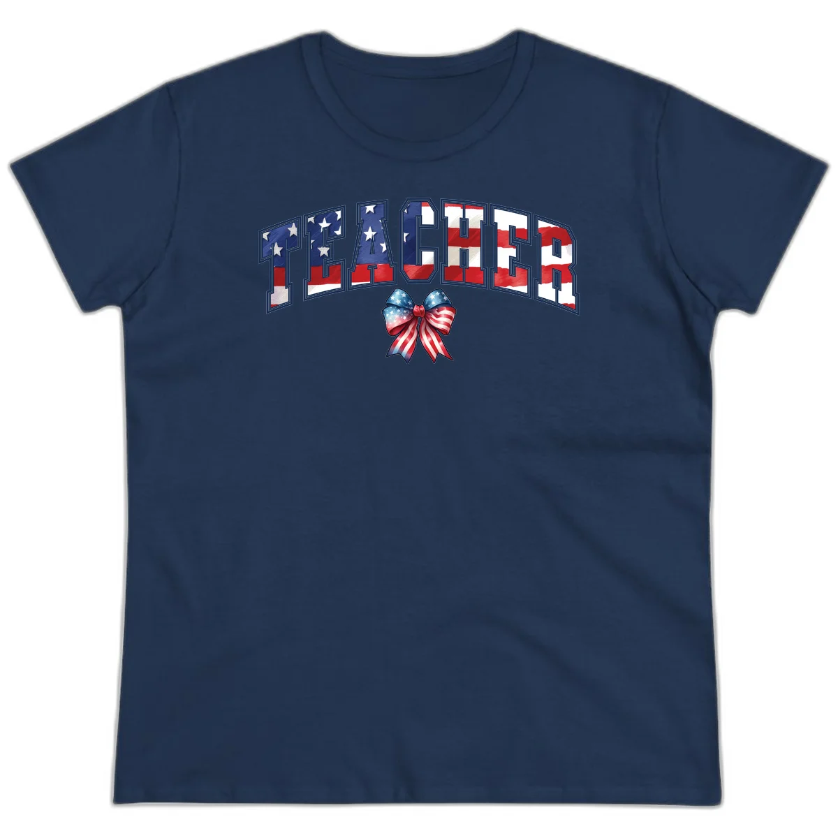 Patriotic Teacher American Flag Bow Ladies Tee in Navy