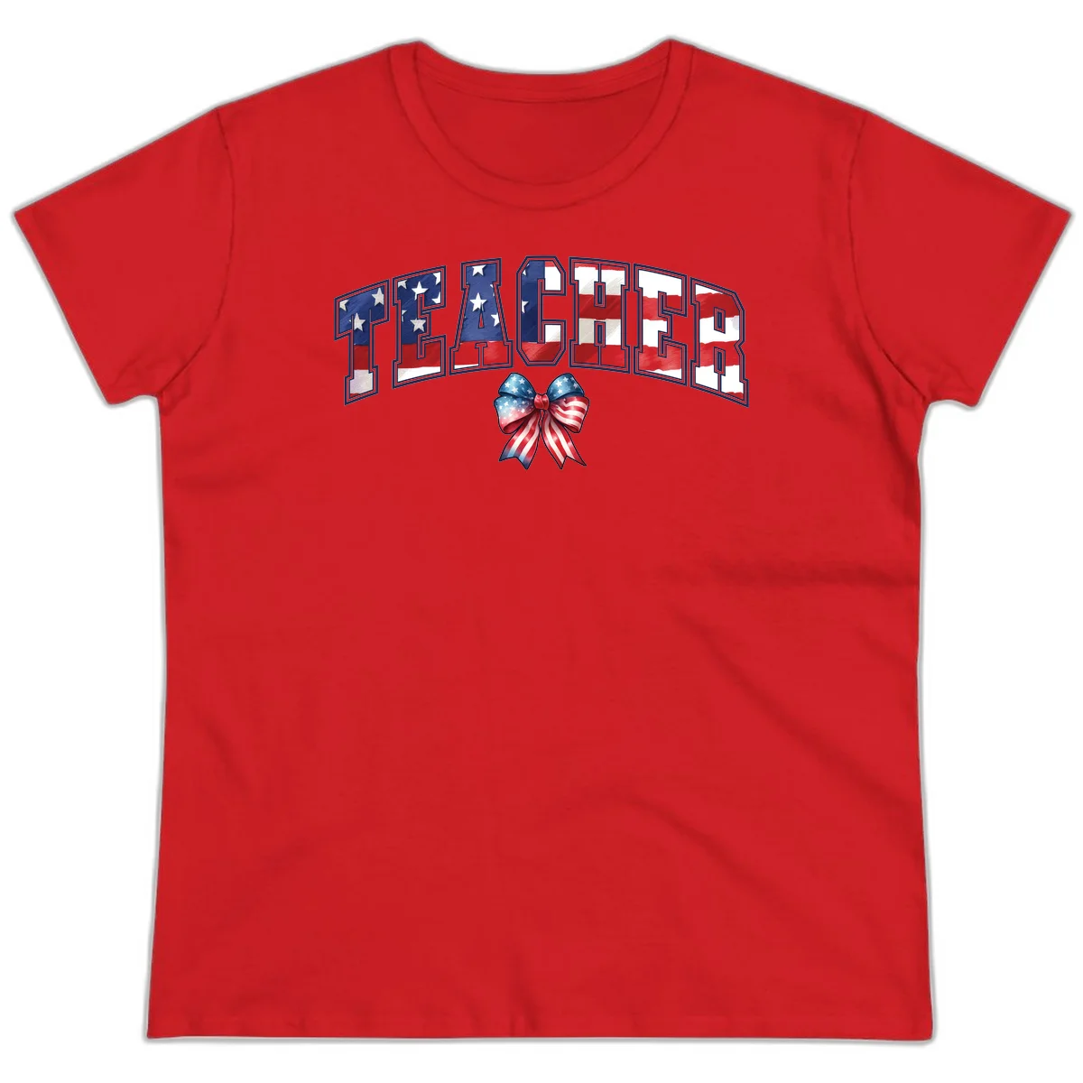 Patriotic Teacher American Flag Bow Ladies Tee in Red