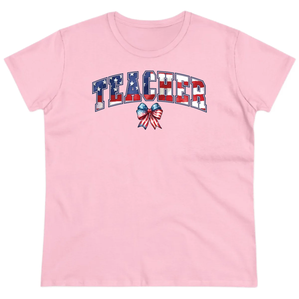 Patriotic Teacher American Flag Bow Ladies Tee in Light Pink