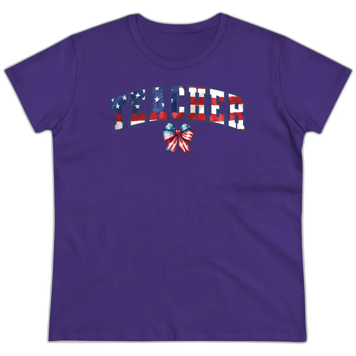 Patriotic Teacher American Flag Bow Ladies Tee in Purple