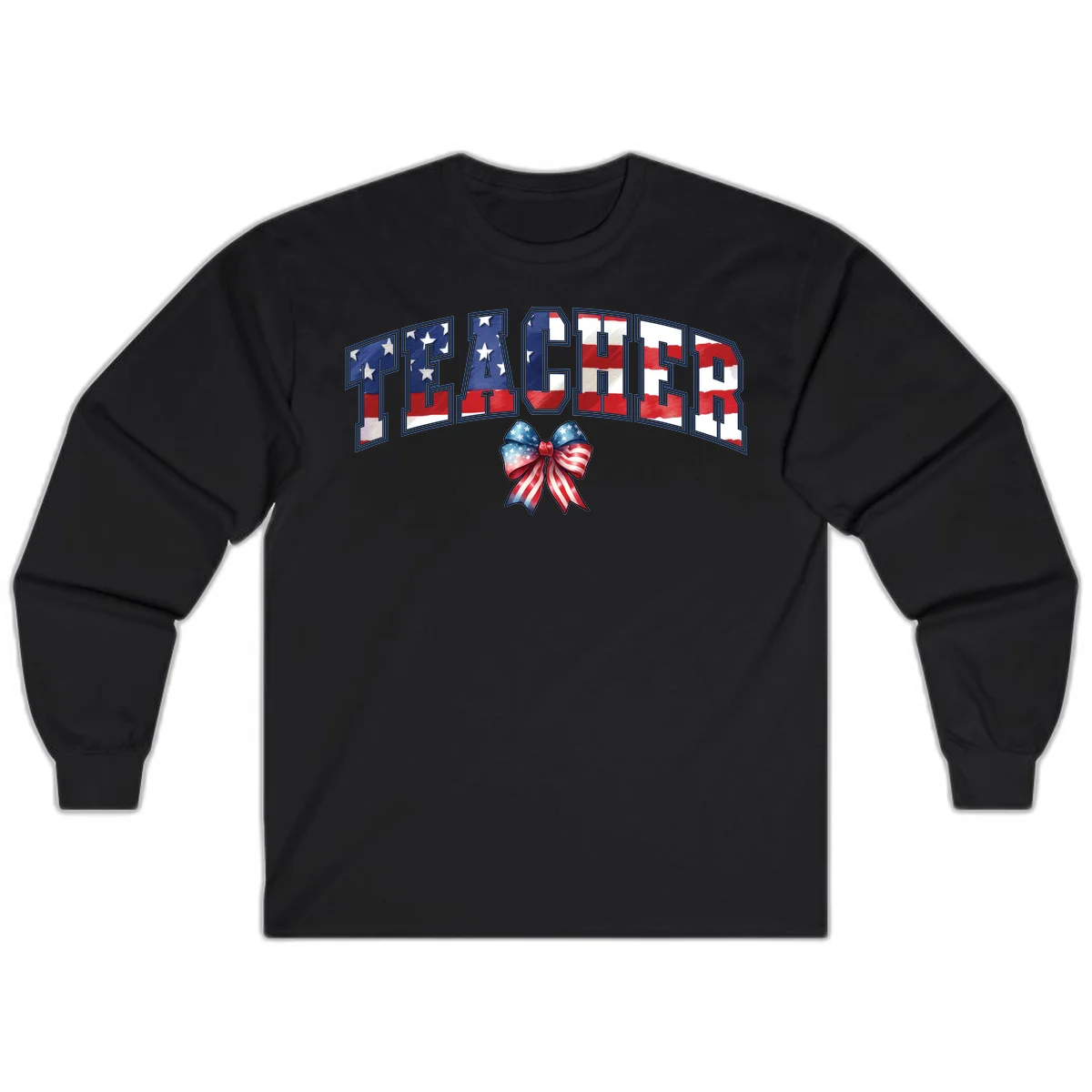 Patriotic Teacher American Flag Bow Long Sleeve in Black