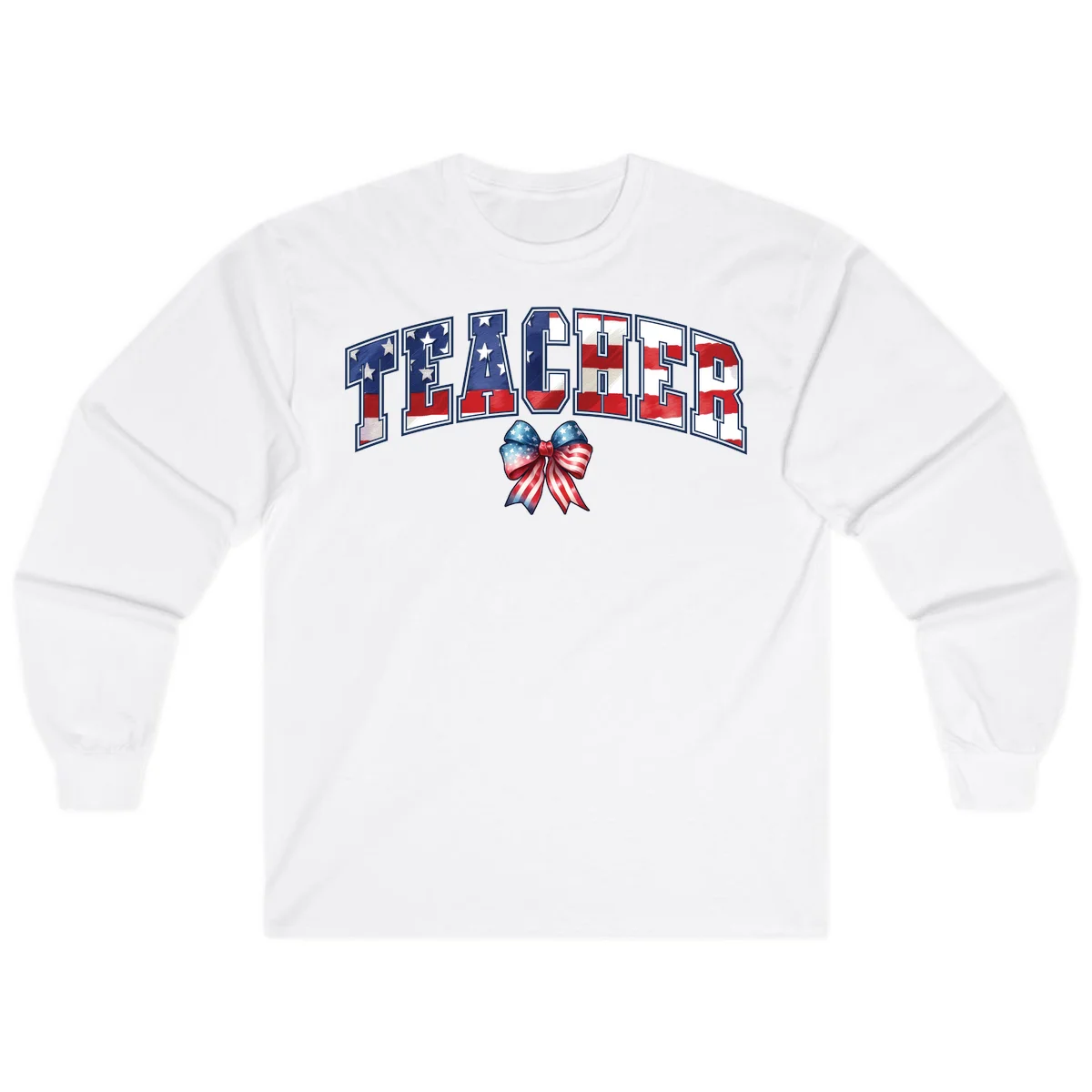 Patriotic Teacher American Flag Bow Long Sleeve in White