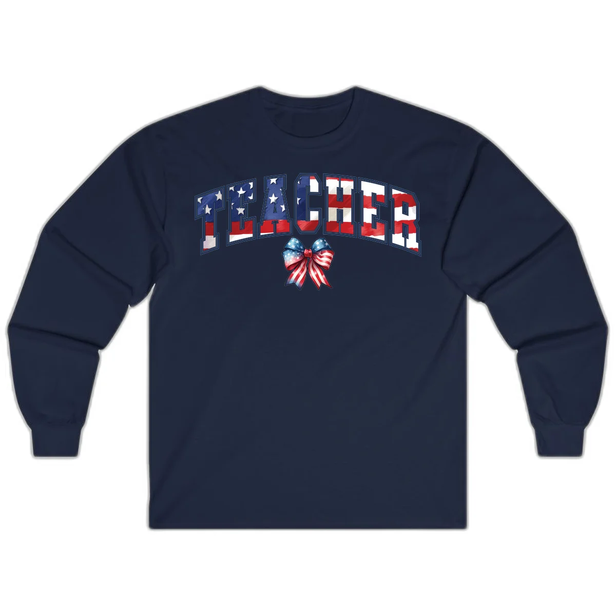 Patriotic Teacher American Flag Bow Long Sleeve in Navy