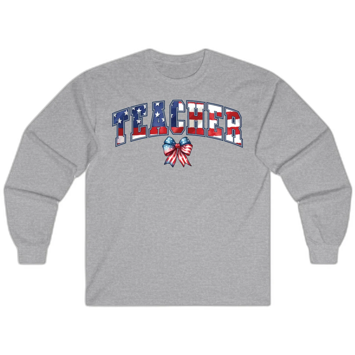 Patriotic Teacher American Flag Bow Long Sleeve in Sport Grey