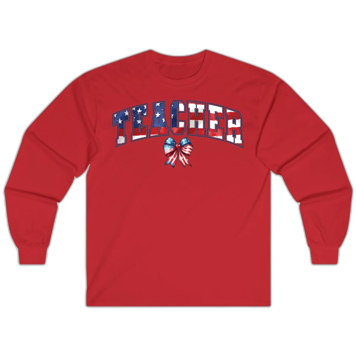 Patriotic Teacher American Flag Bow Long Sleeve in Red