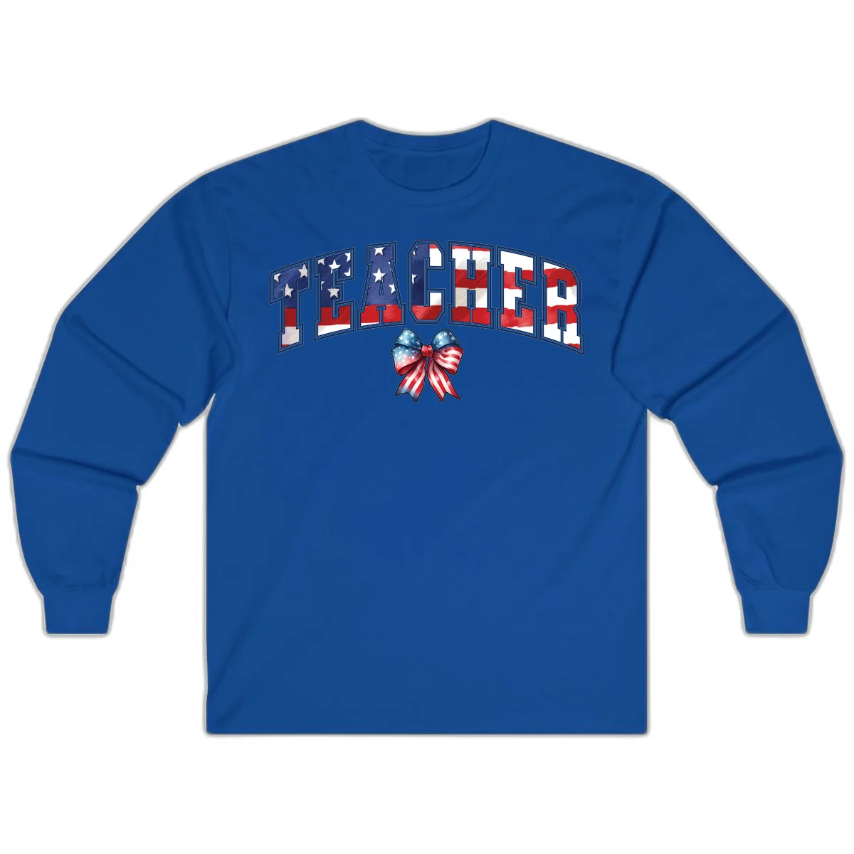 Patriotic Teacher American Flag Bow Long Sleeve in Royal