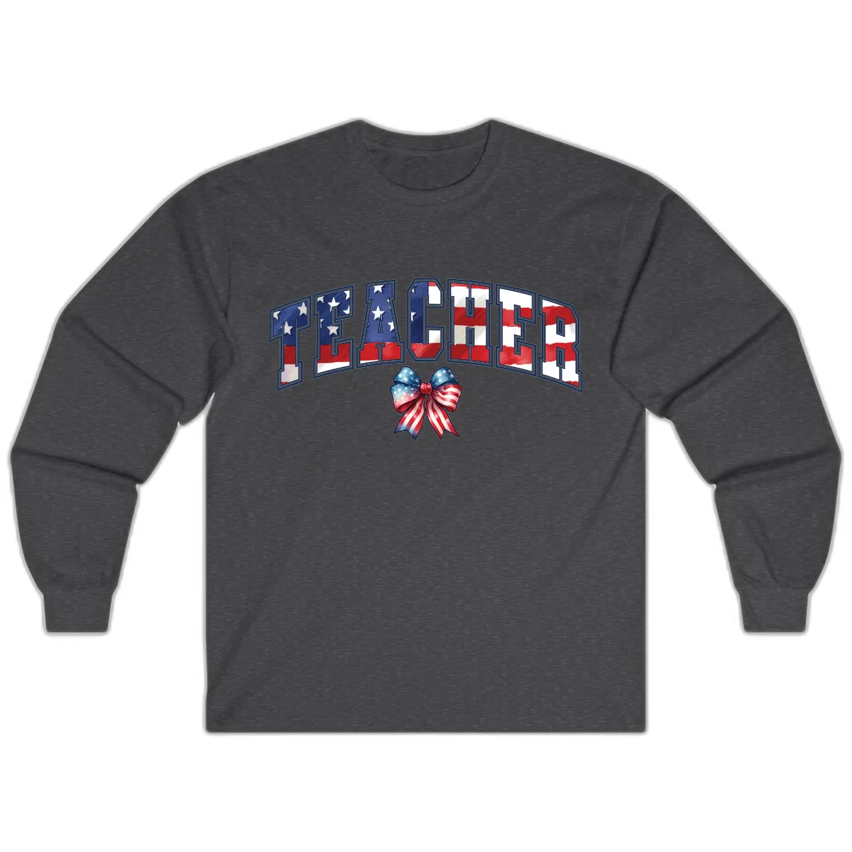 Patriotic Teacher American Flag Bow Design Long Sleeve in Dark Heather