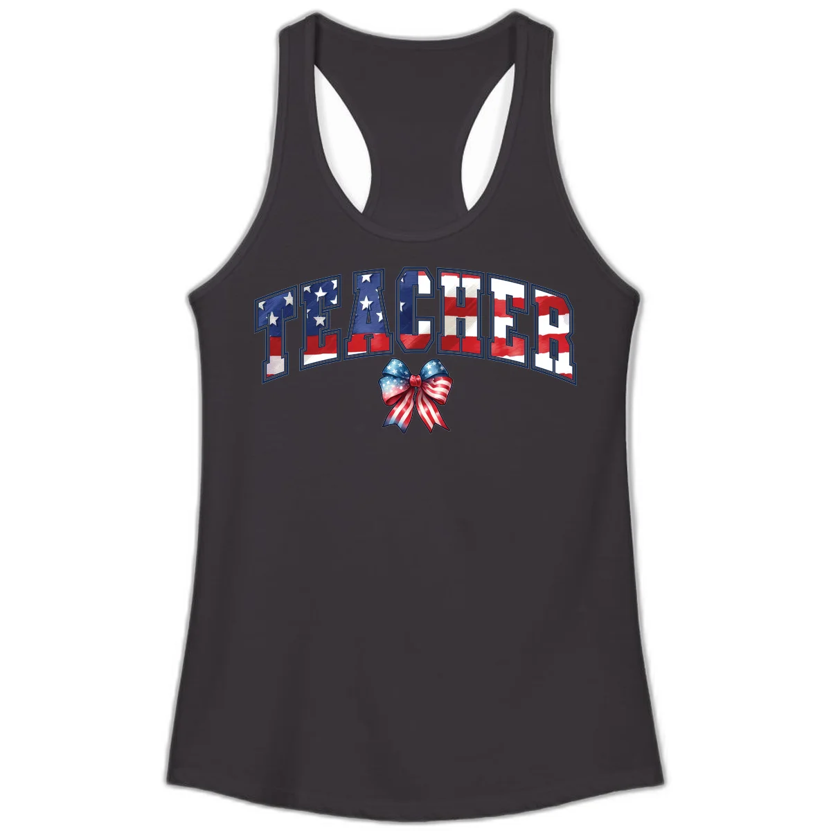 Patriotic Teacher American Flag Bow Ladies Tank in Black