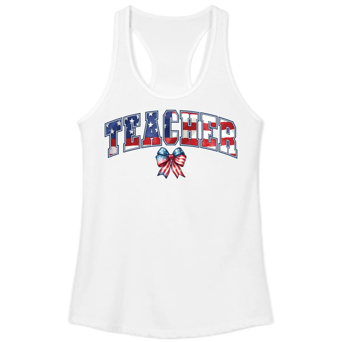 Patriotic Teacher American Flag Bow Ladies Tank in White