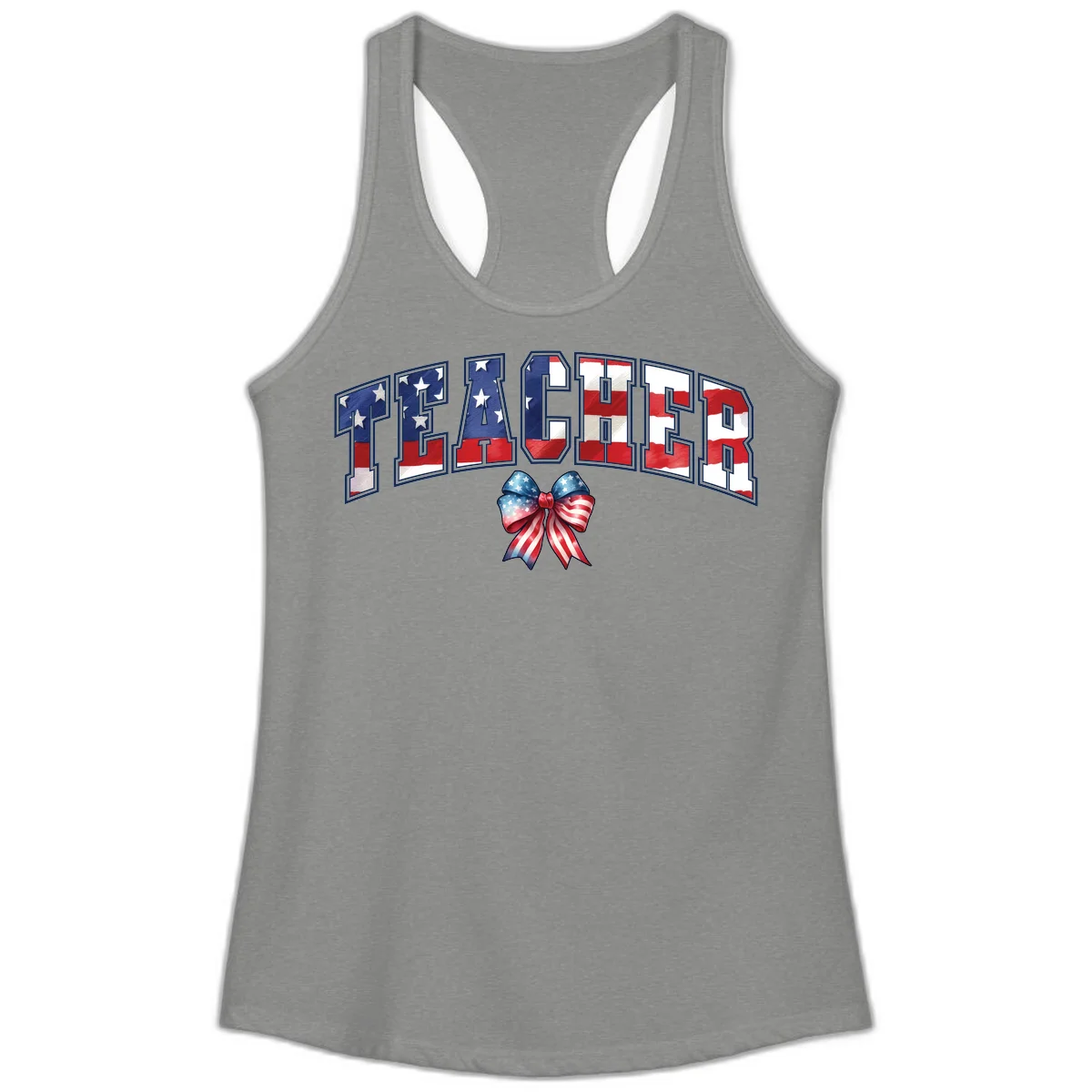 Patriotic Teacher American Flag Bow Ladies Tank in Heather Grey